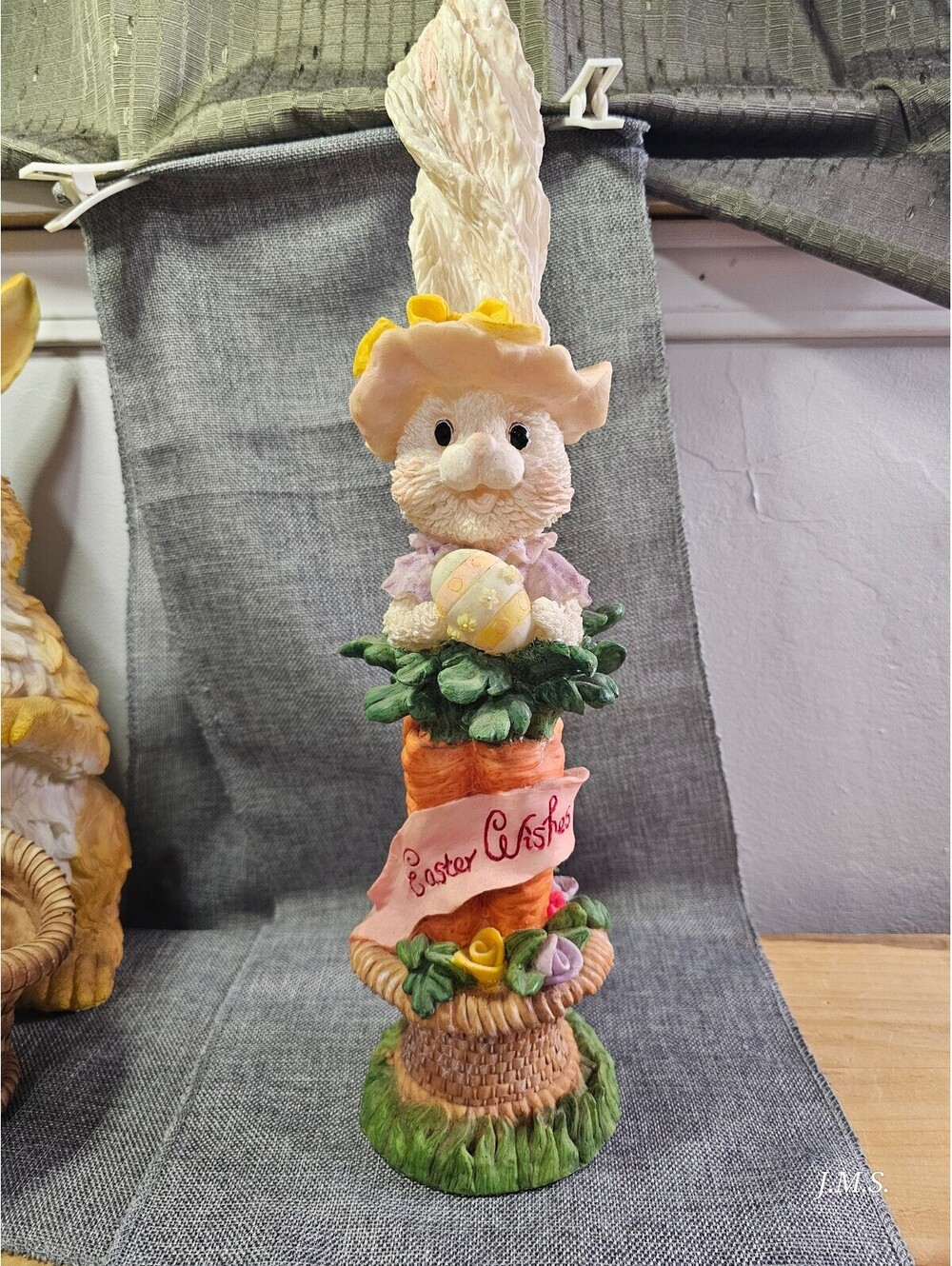 Decorative Easter Bunny Figurine with Feather Hat and Easter Egg in Basket